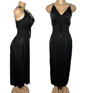Black Elegant V-Neck Women Maxi Dress Size S/M and L Elastic Waist Dress